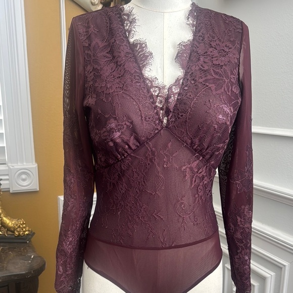 Elegant Lace Bodysuit in Deep Burgundy - Picture 3 of 16